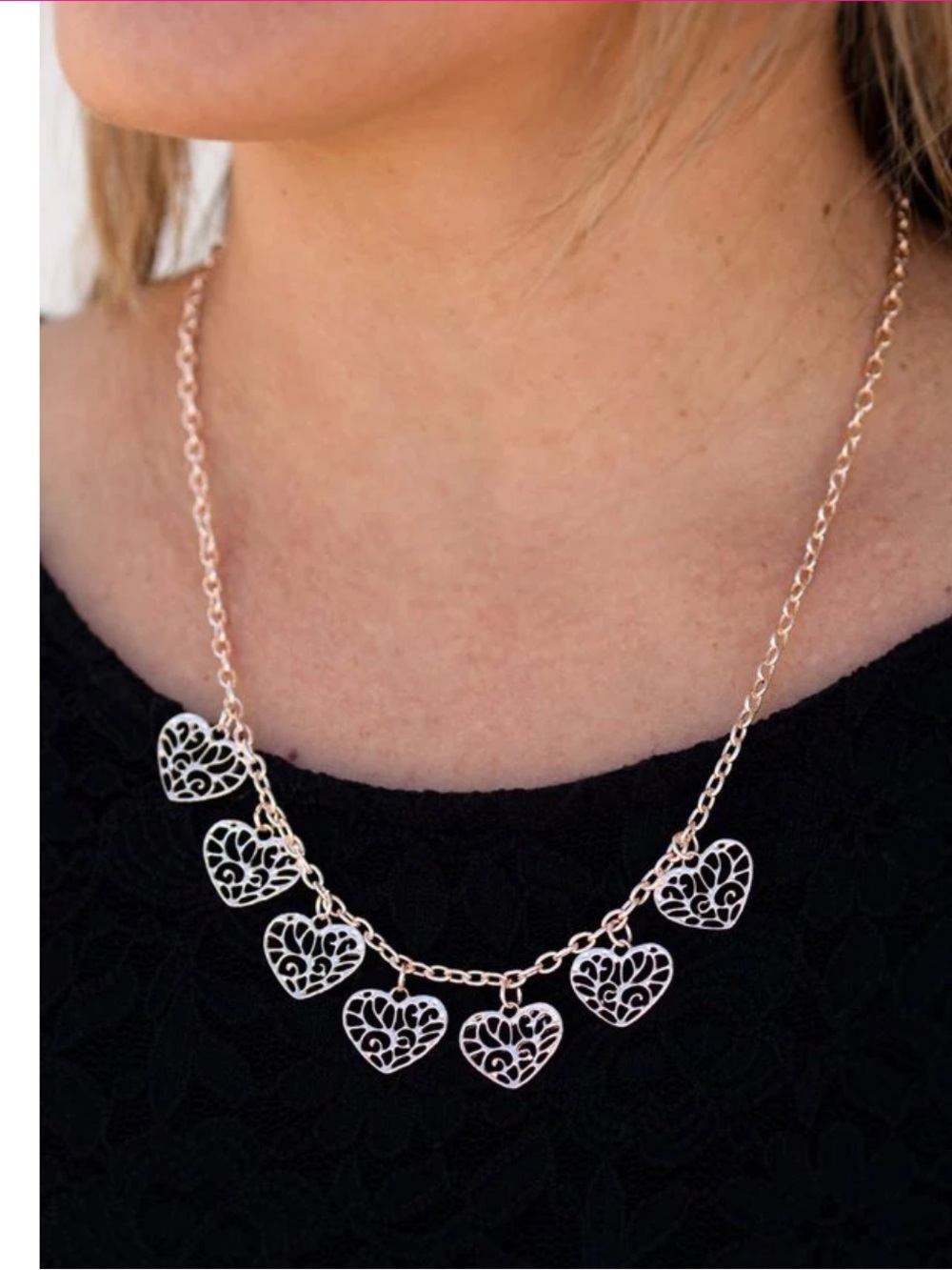 Paparazzi Less is Amour Rose‎ Gold Filigree Heart Necklace and Earring Set